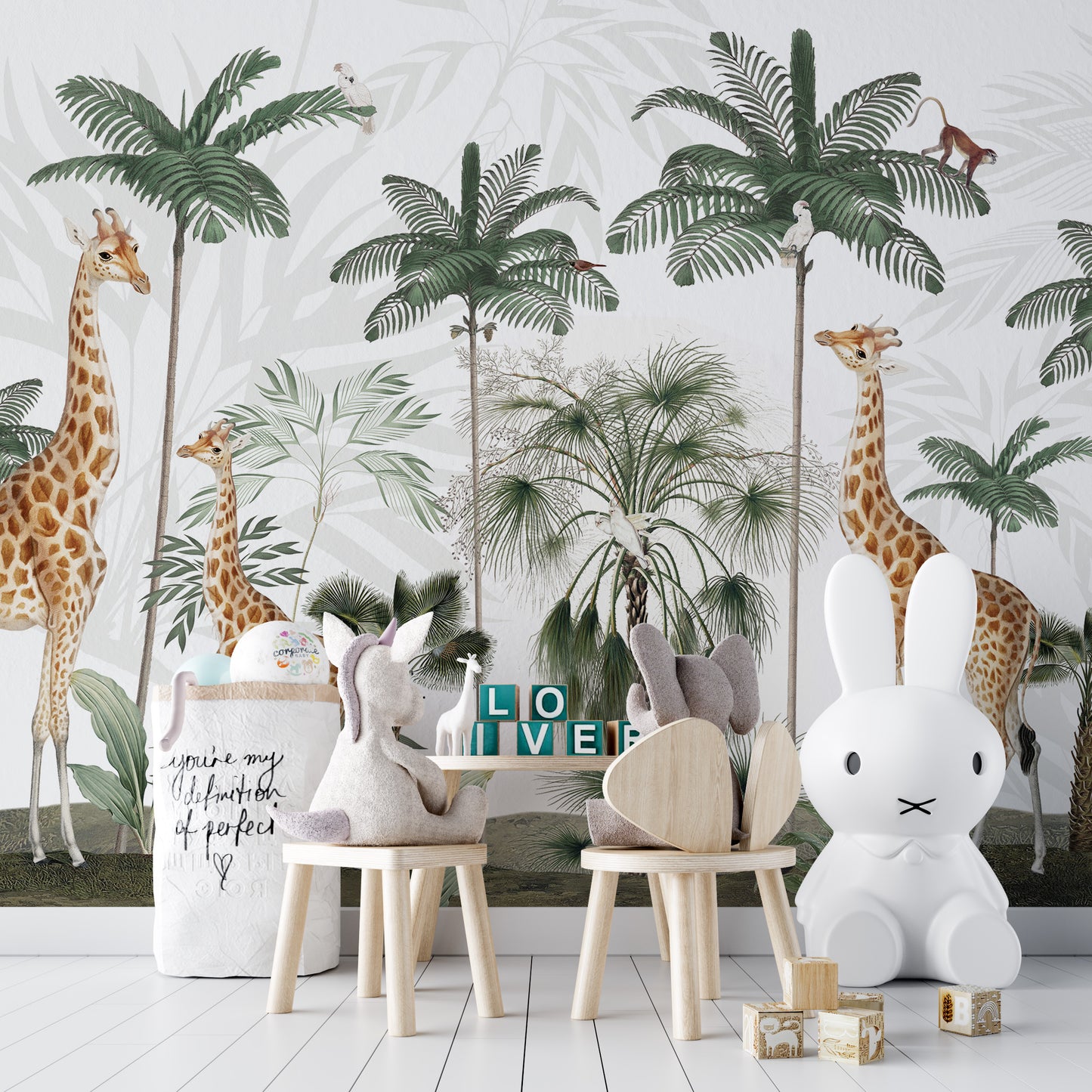 Giraffe wallpaper mural blending elegance with nature.