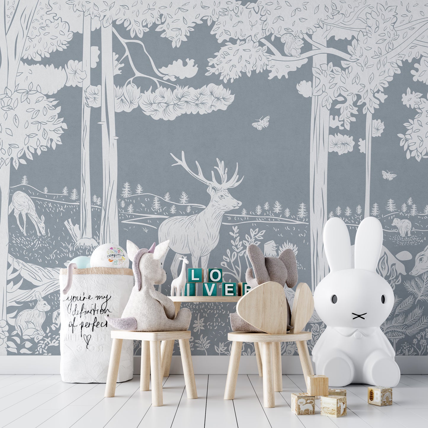 Monochrome Forest Blue mural enhances walls with natural beauty.