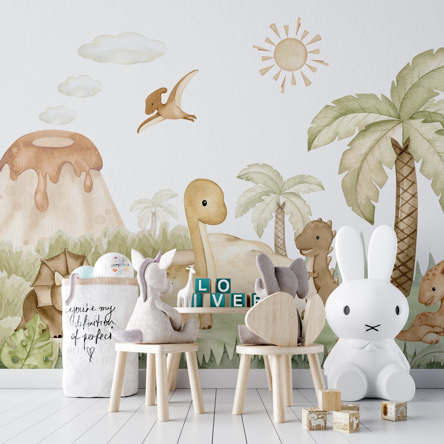 Charming wall art showcasing baby dinosaurs in a whimsical setting