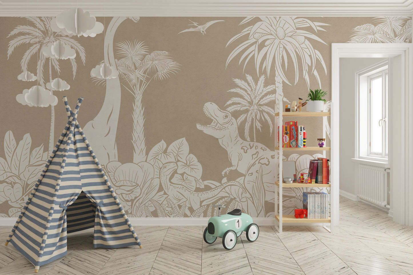Monochrome Dino Brown mural brings prehistoric vibes indoors.