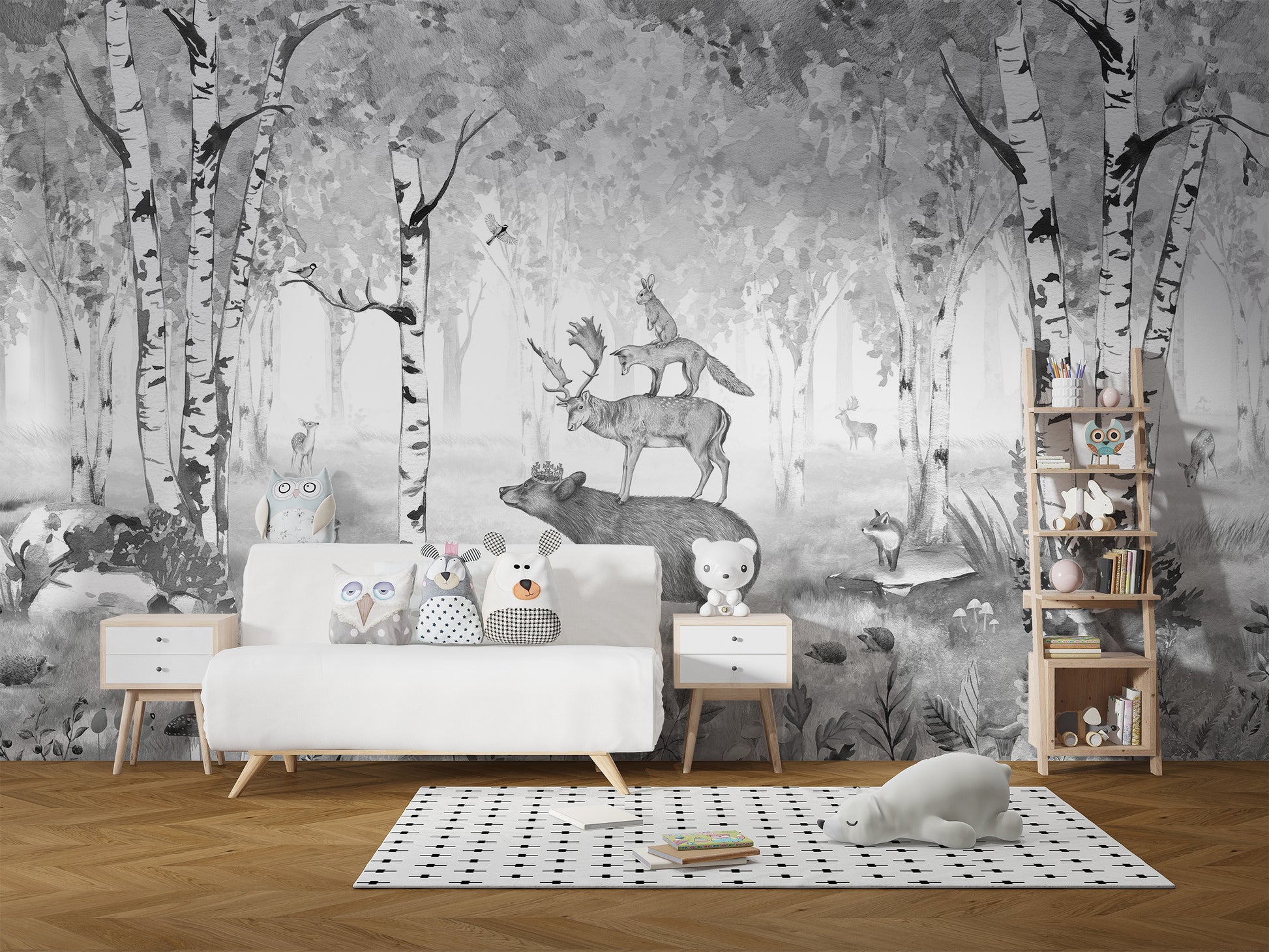 Monochrome forest mural for a timeless interior look.