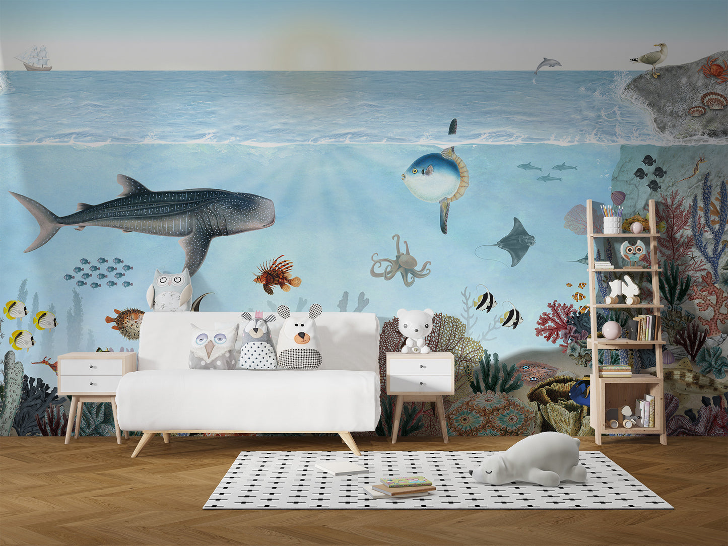Lookbook-style mural showcasing the charm of the ocean.