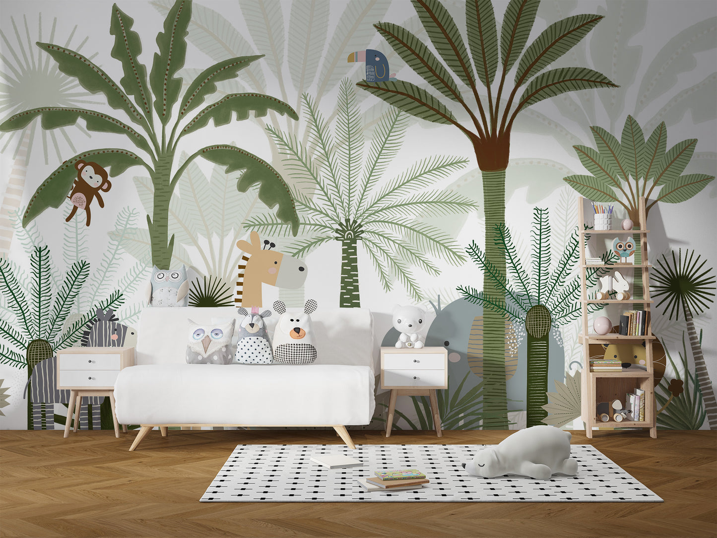 Vibrant mural showcasing animated animals in a tropical jungle