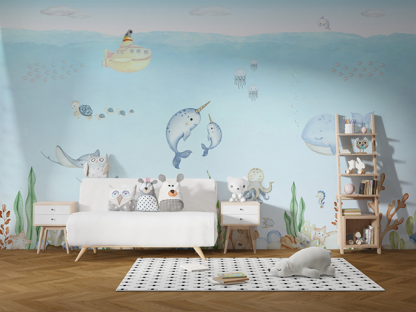 Submarine-themed mural with adorable marine friends for walls