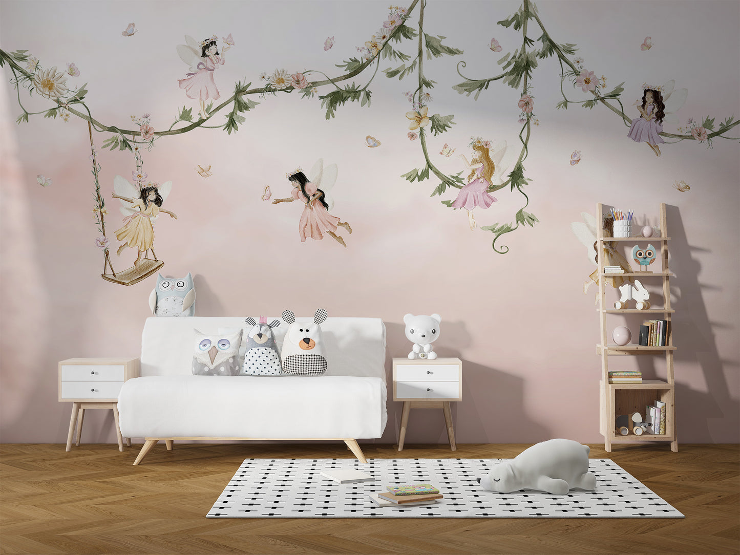Vibrant mural featuring a magical journey through the clouds