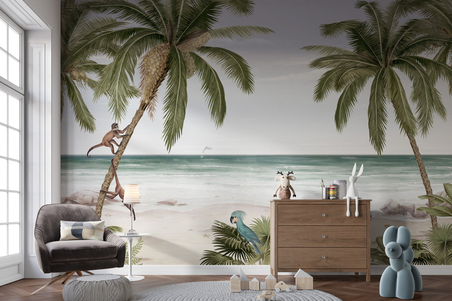 Artistic tropical beach mural for relaxing interiors.