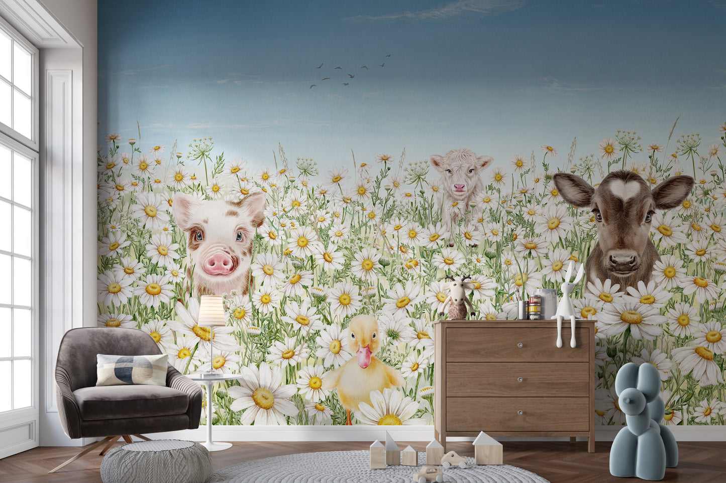 Fun Farm Animals mural brings countryside vibes indoors.