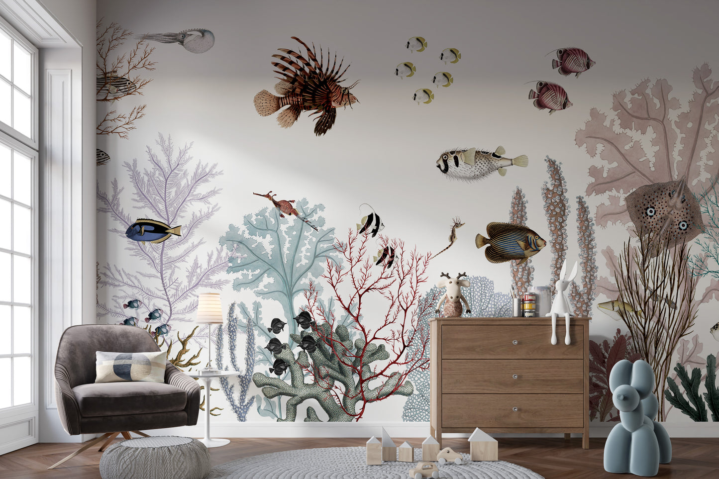 Coral-themed mural with an expansive panorama view.