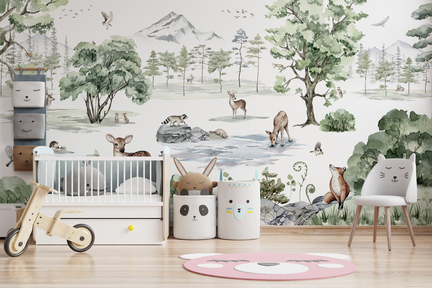 Winter forest mural featuring majestic deer in snow.