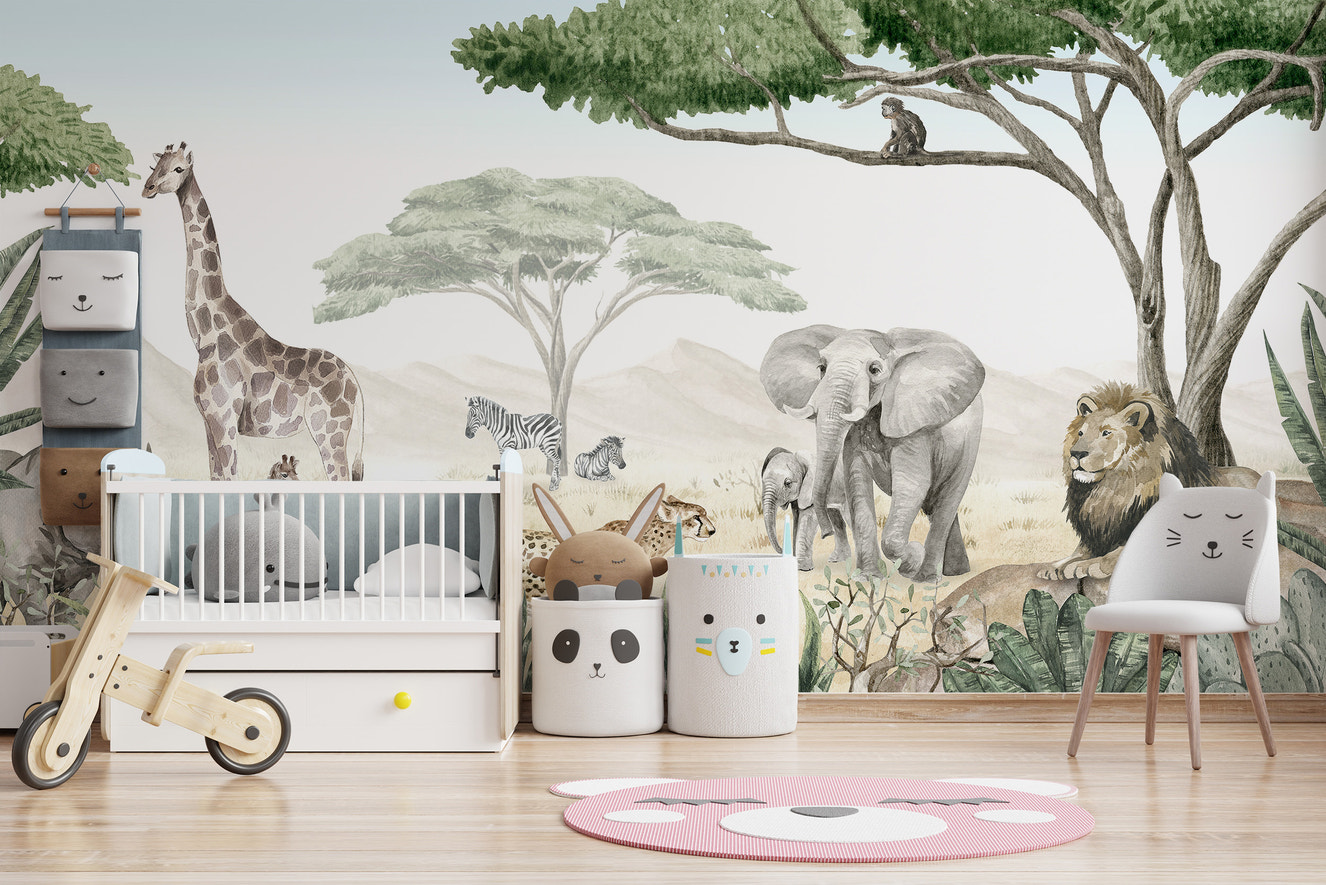 Peel-and-stick wallpaper featuring a lively savannah theme.