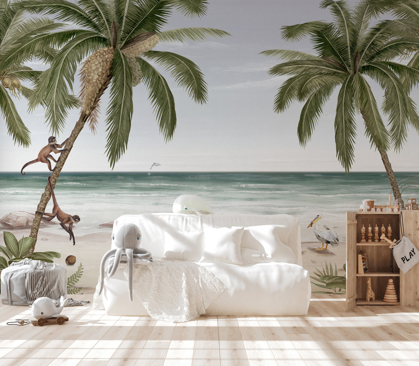 Tropical-themed mural with a sunny beach backdrop.