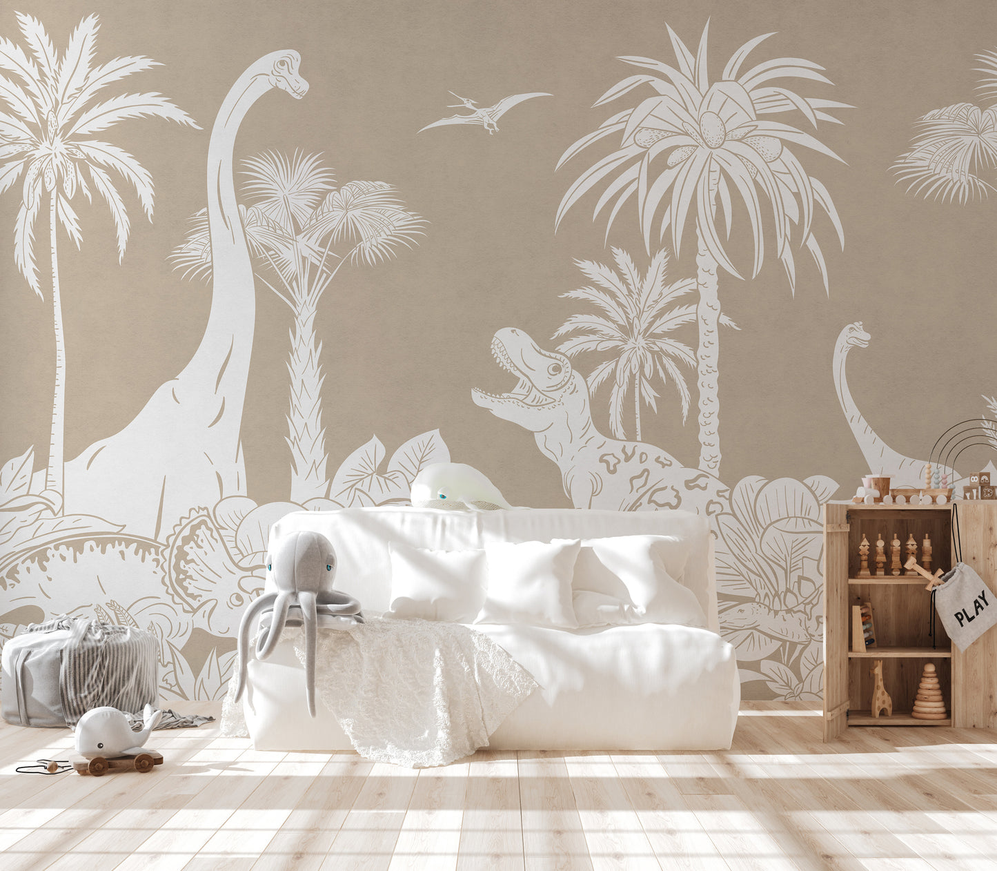 Bold and playful Monochrome Dino Brown mural for children.