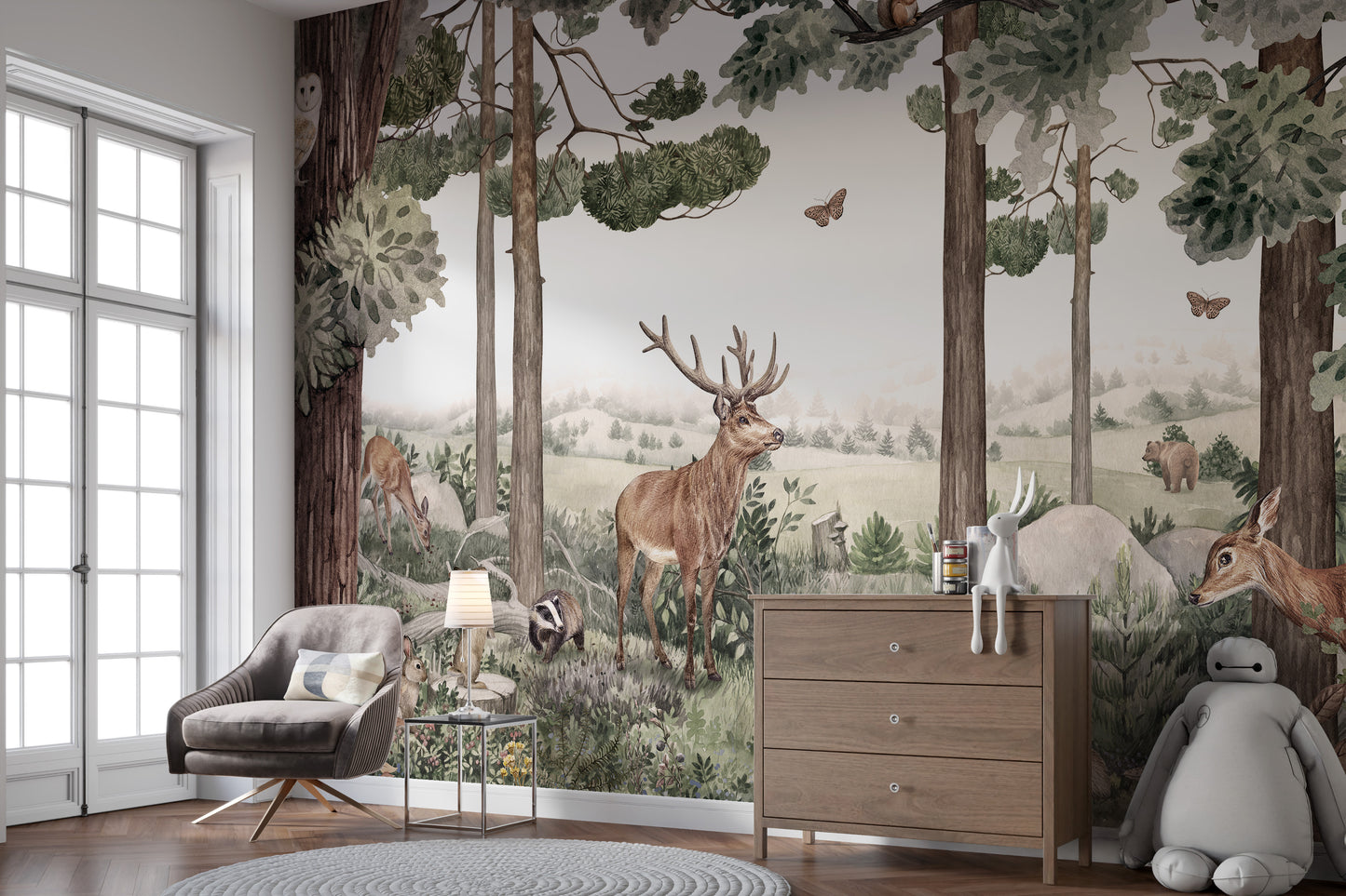 Stag and deer mural adding charm to forest-inspired interiors.