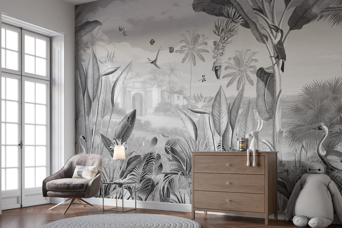 Artistic wall mural with a panoramic view of monochrome flowers