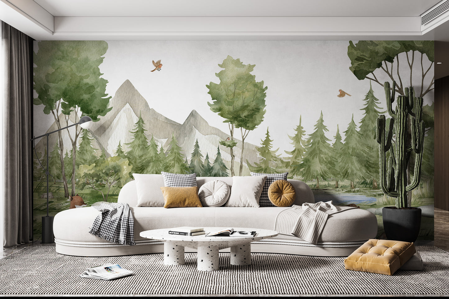 Decorative wall mural featuring animals in a natural grove scene