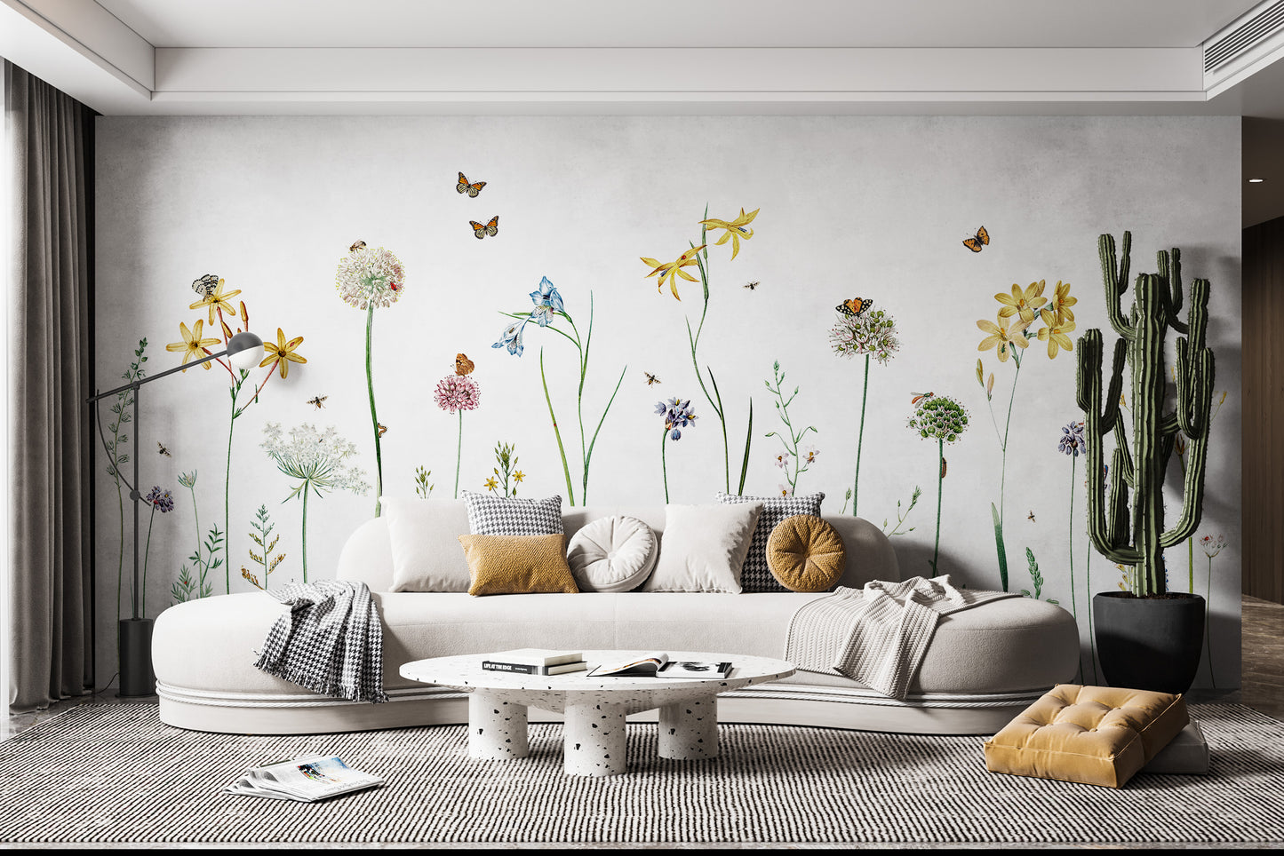 Vibrant mural featuring butterflies and blooming flowers for walls