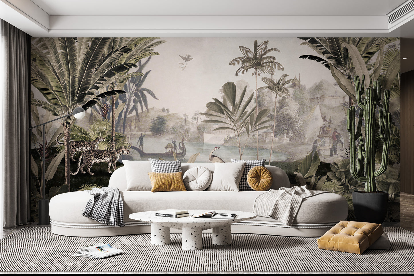 Jungle mural featuring a serene sepia panorama view.