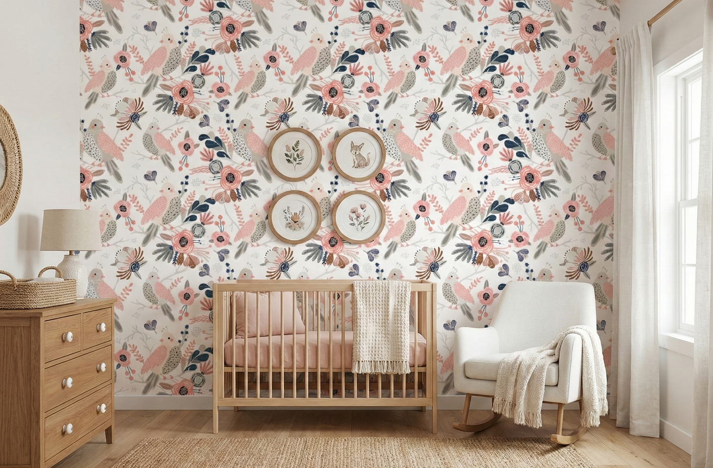 Cute Birds and Modern Floral Self Adhesive Wallpaper