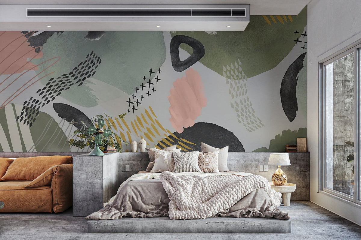 Textured abstract wall mural with mustard and sage color details.