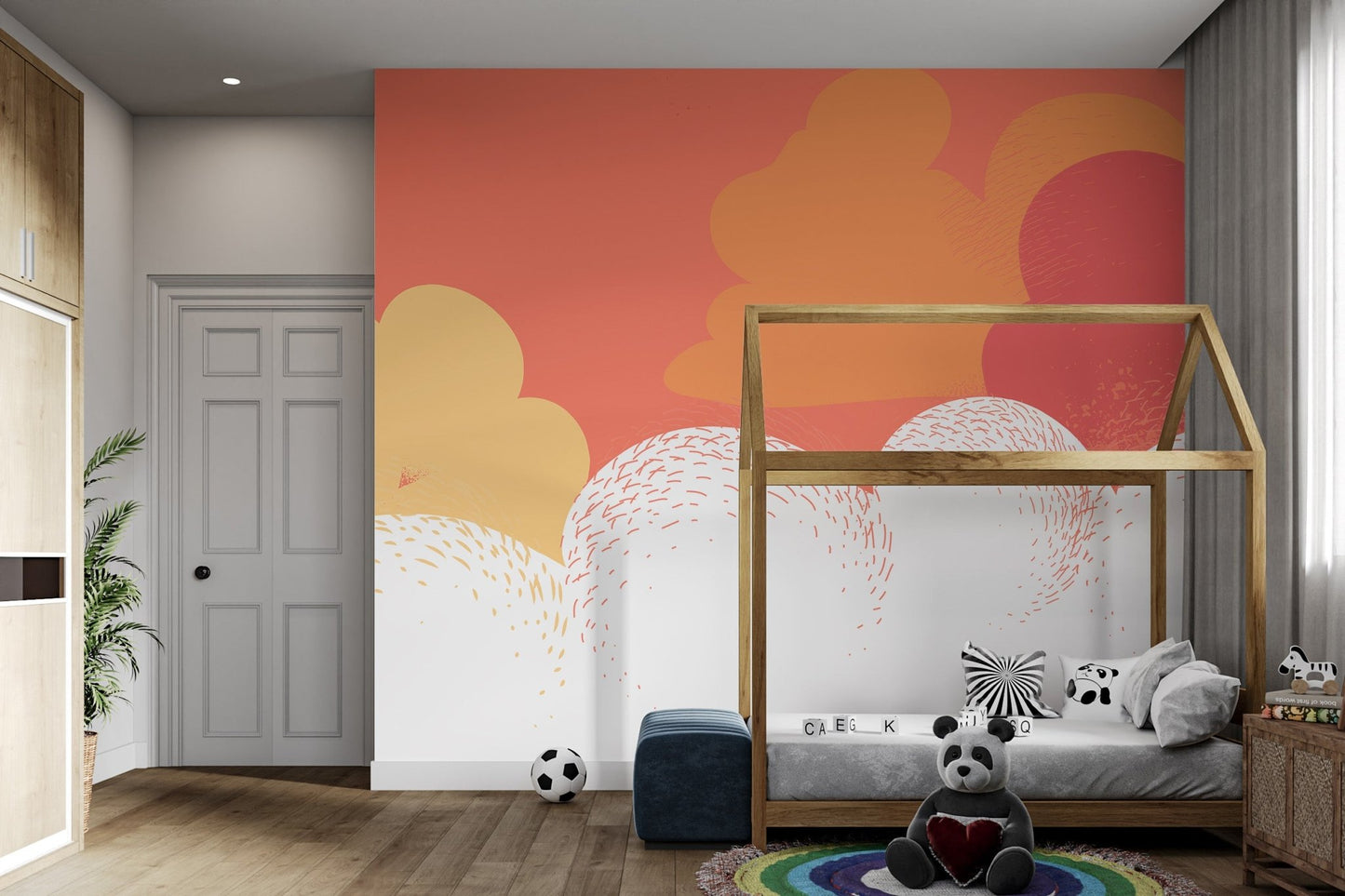 Vibrant red and yellow cloud wall mural for bright kids room interior.