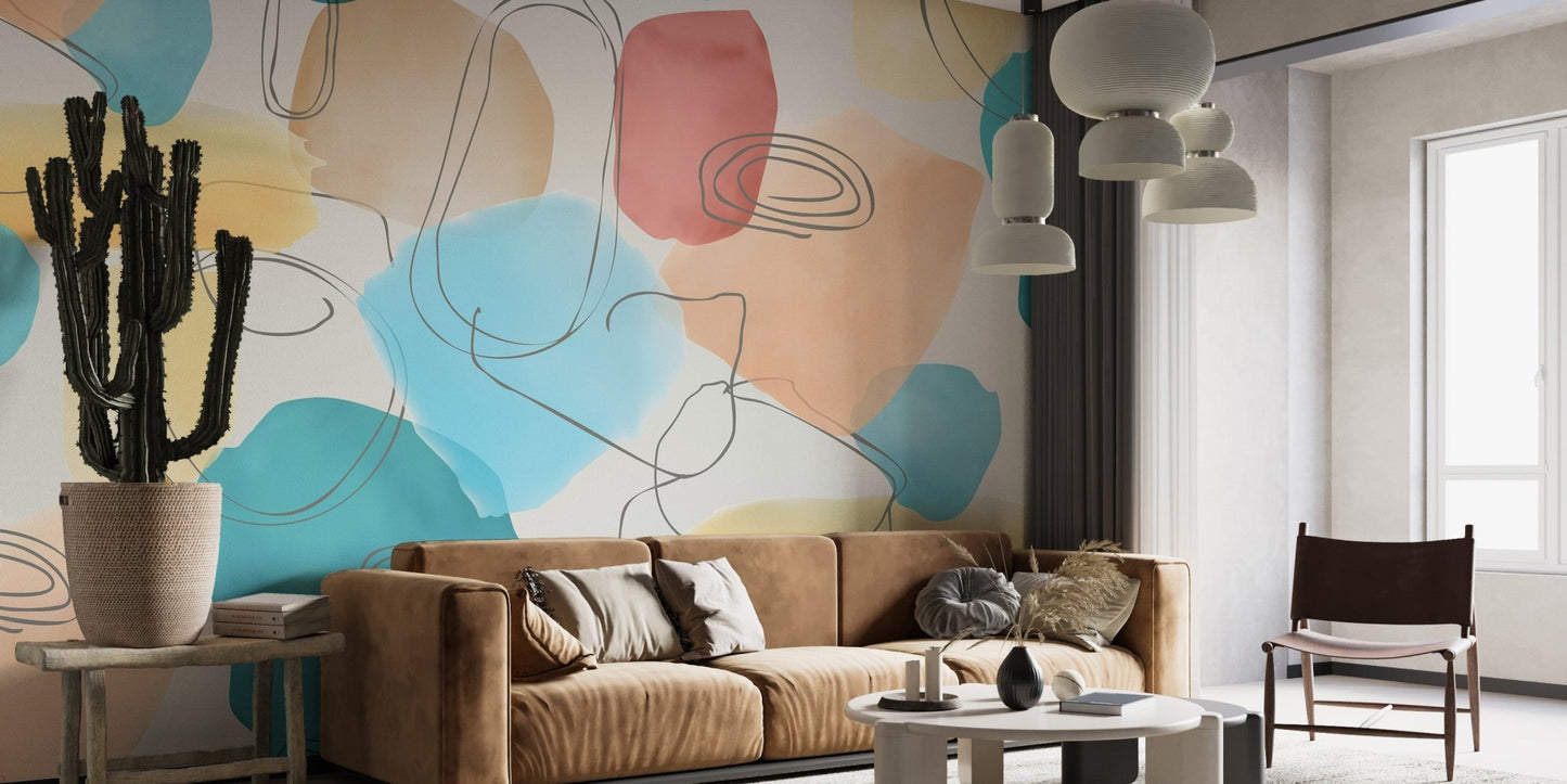 Abstract watercolor wall mural adding charm to living room.