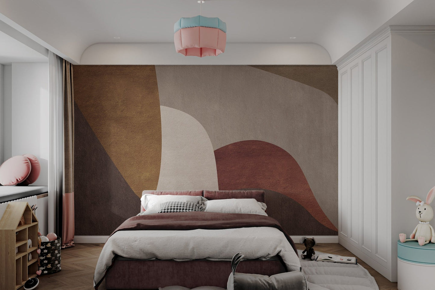 Neutral toned geometric wall mural for a minimalist bedroom design.