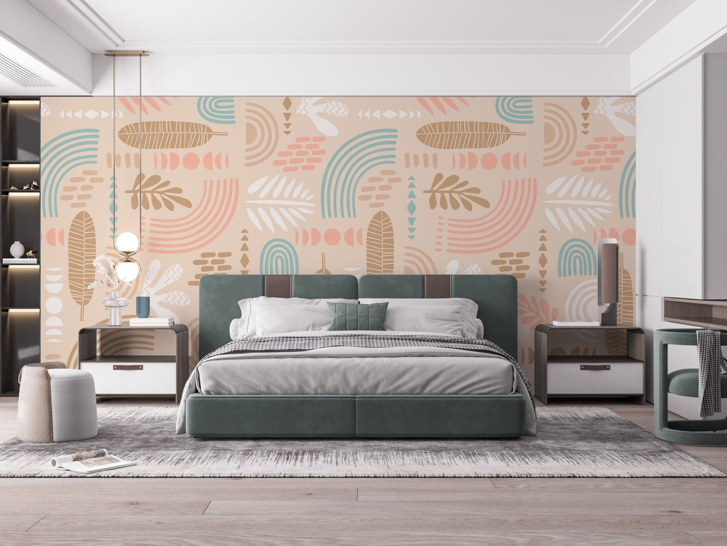 Artistic geometric wall mural with bohemian style patterns in a sunlit bedroom.