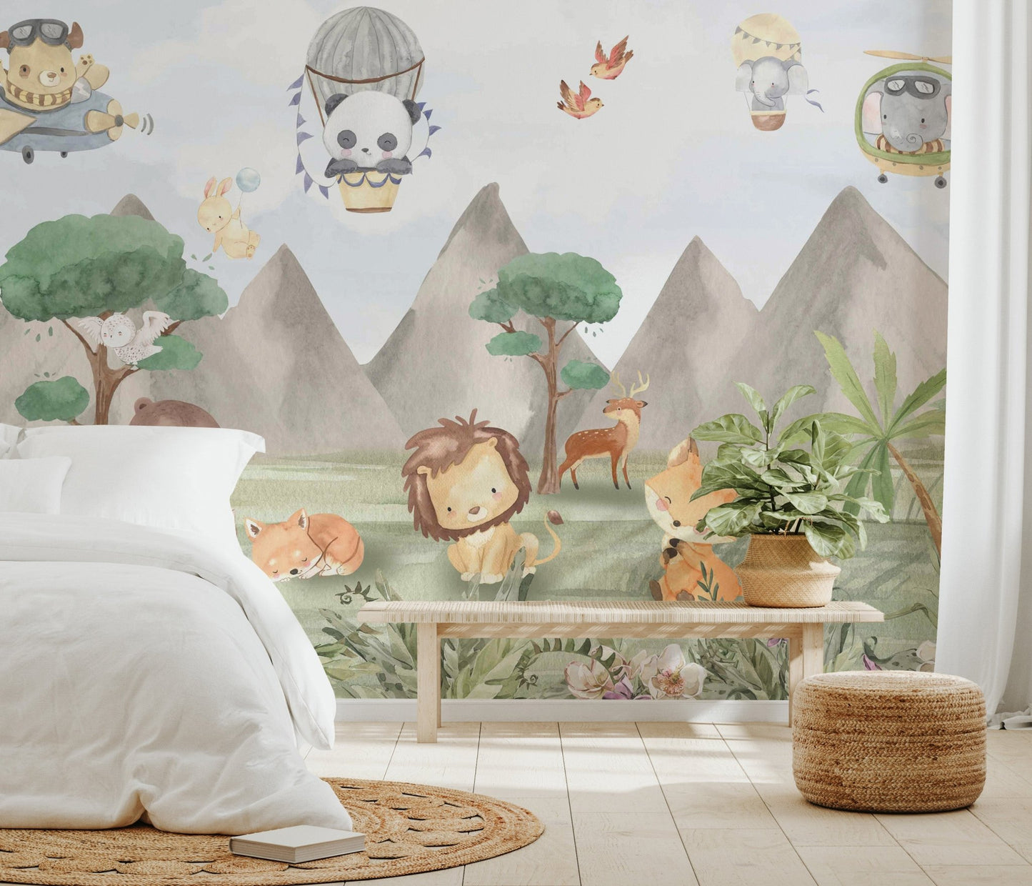 Flying birds and clouds over mountain wall mural for children bedroom.