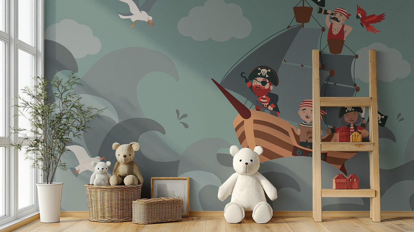 Pirate ocean journey wall mural with bold graphic shapes.