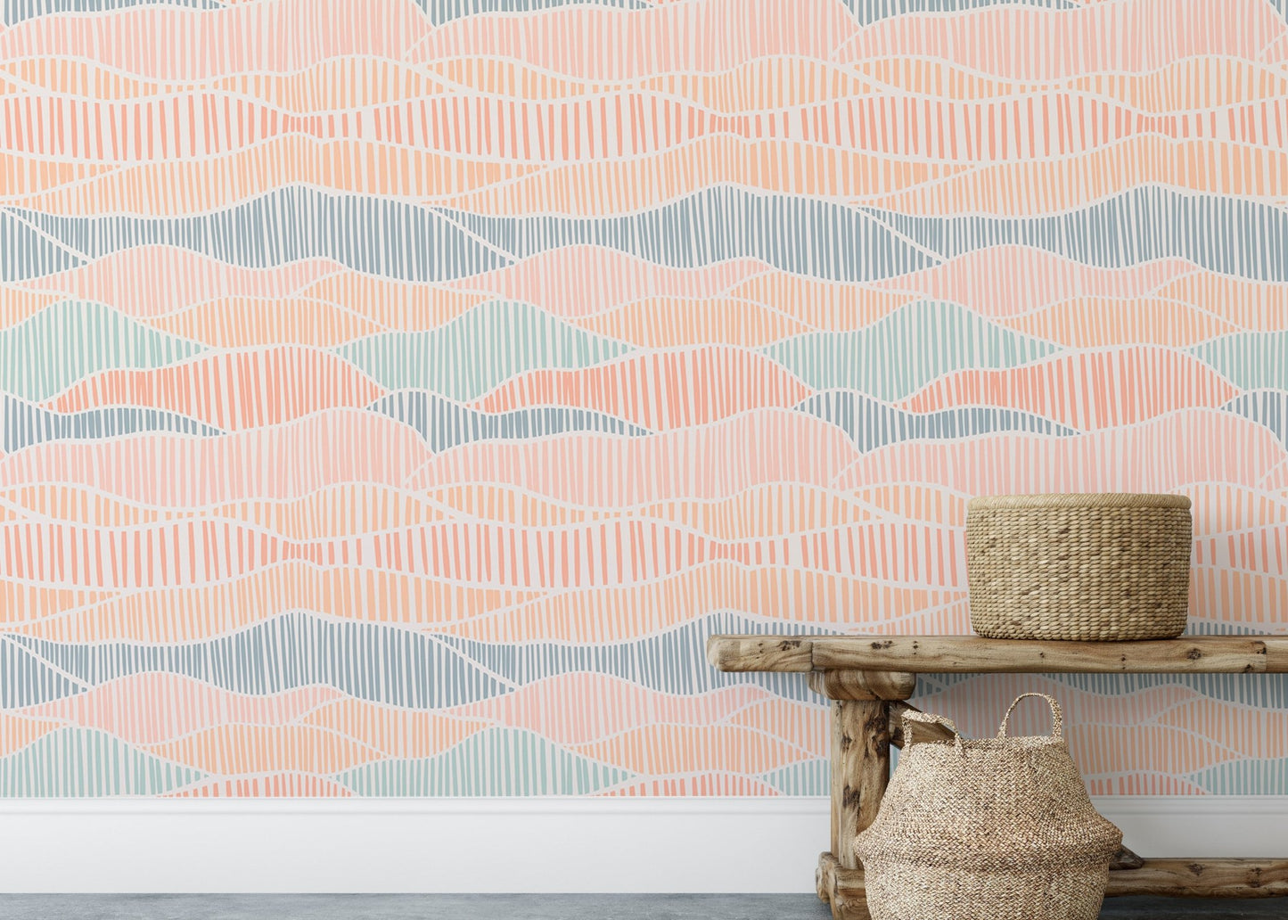 Hand drawn wallpaper with textured lines behind a rustic wooden bench and basket.