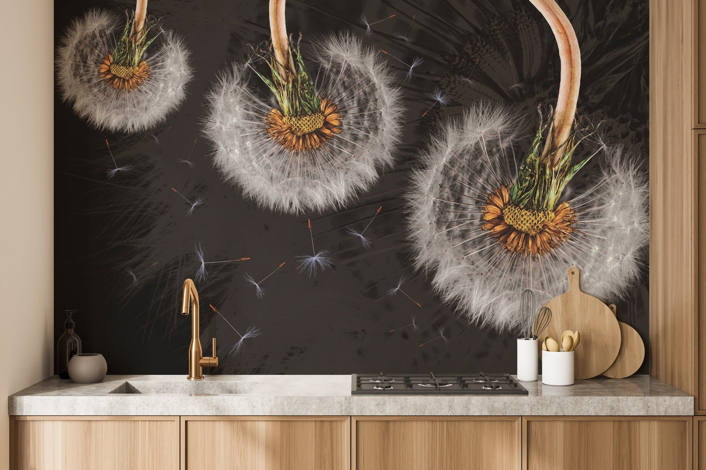 Artistic dandelion wall mural featuring floating blossoms in kitchen backdrop.