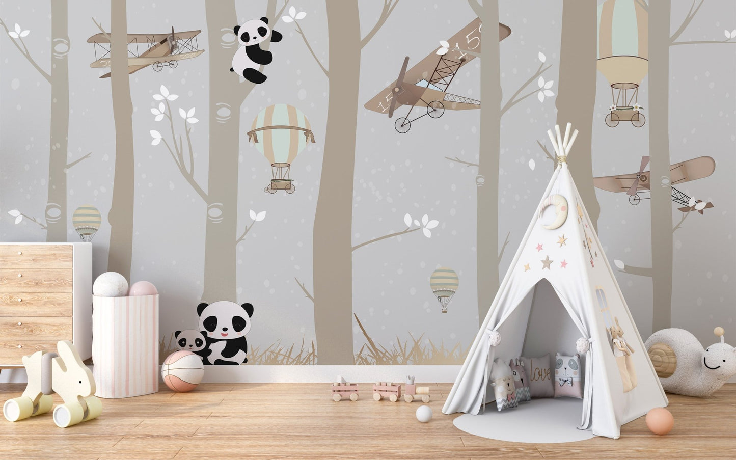 Airborne Pandas and Forest Delight Murals in a nursery with a white teepee tent.