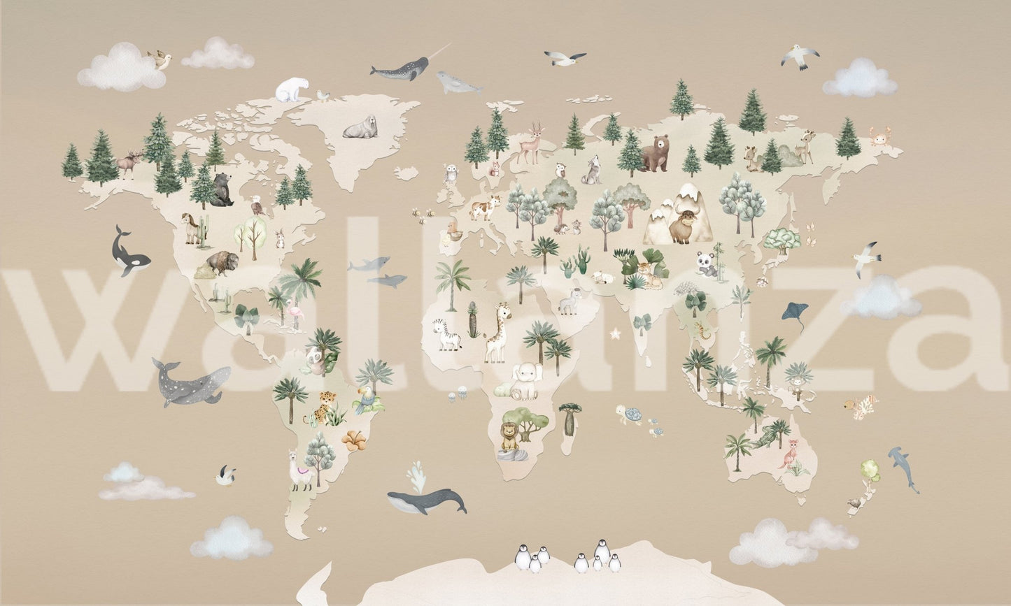 Animal Atlas Brown Wall Mural used as a feature wall in kids room.
