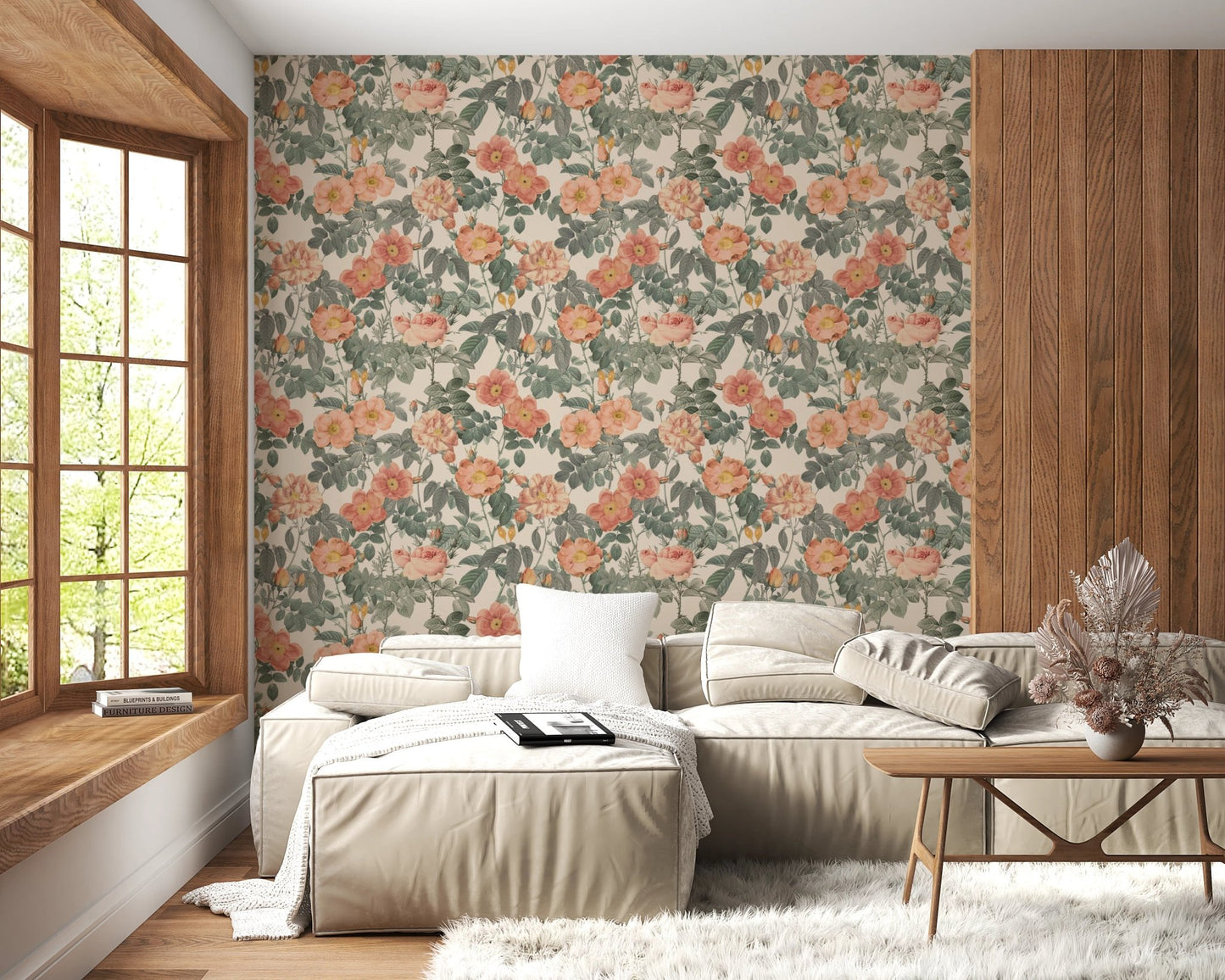 Rose garden inspired floral pattern wallpaper