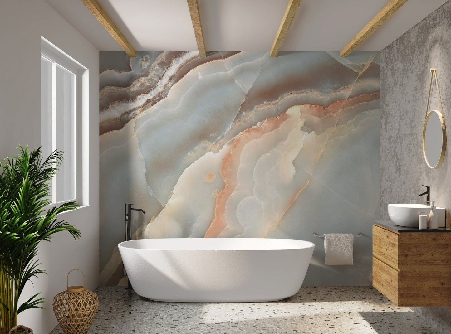 Textured blue and beige marble wall mural for contemporary bathroom.