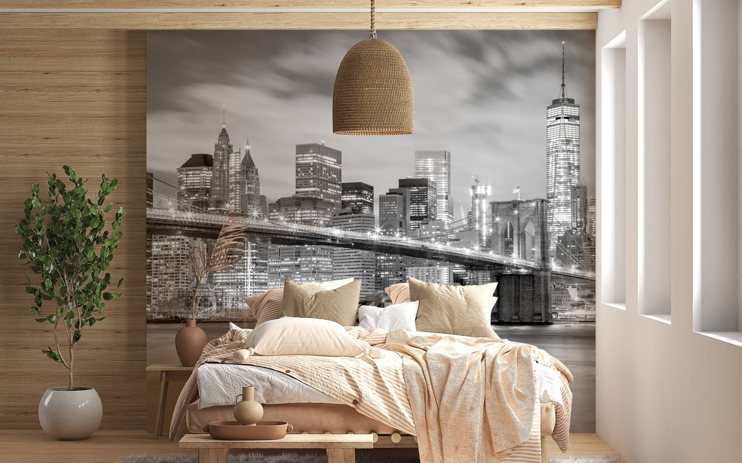 Brooklyn Bridge mural adding elegance to modern bedroom interiors.