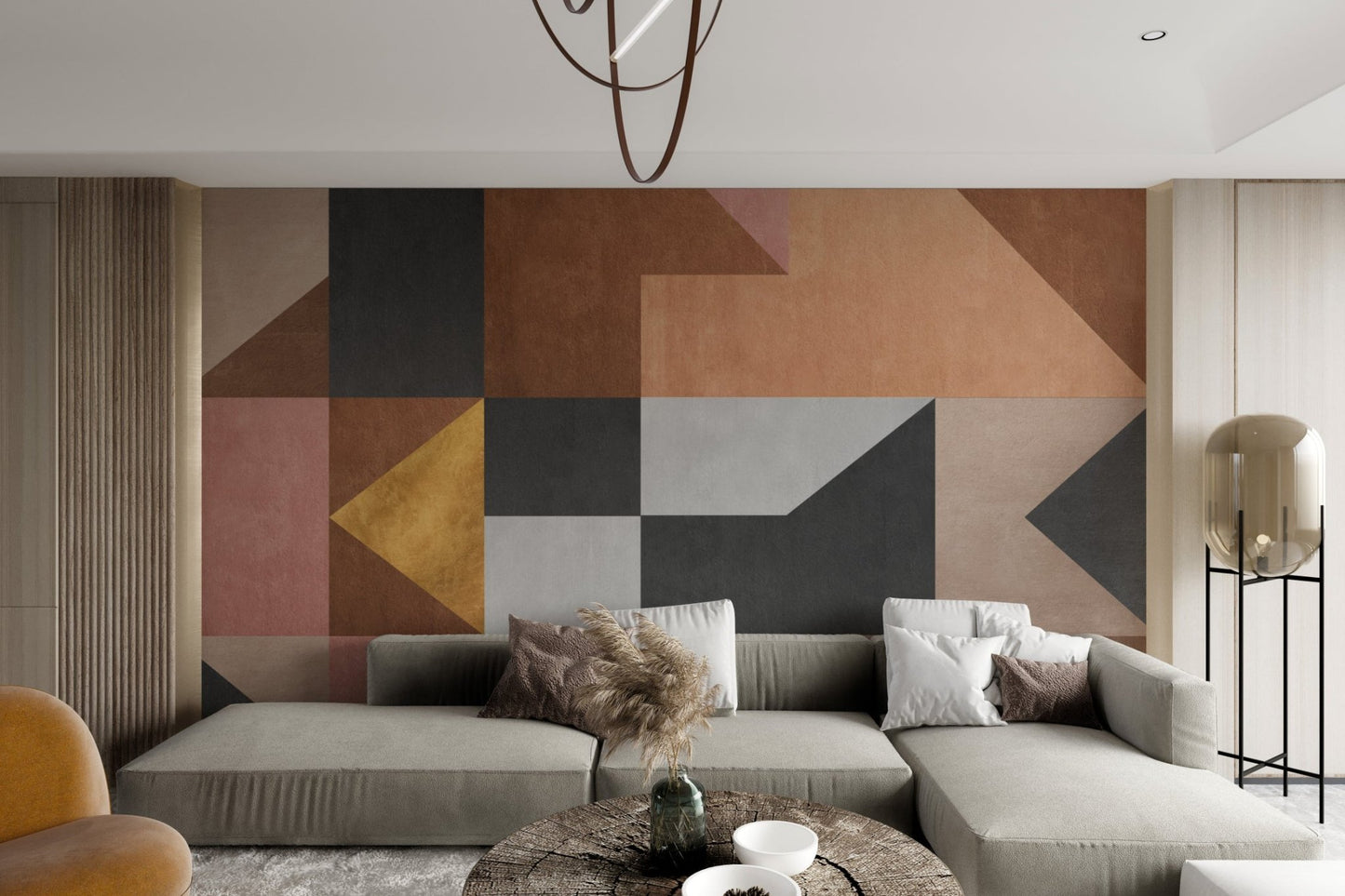 Modern wall mural featuring artistic geometric elements for living room interior.