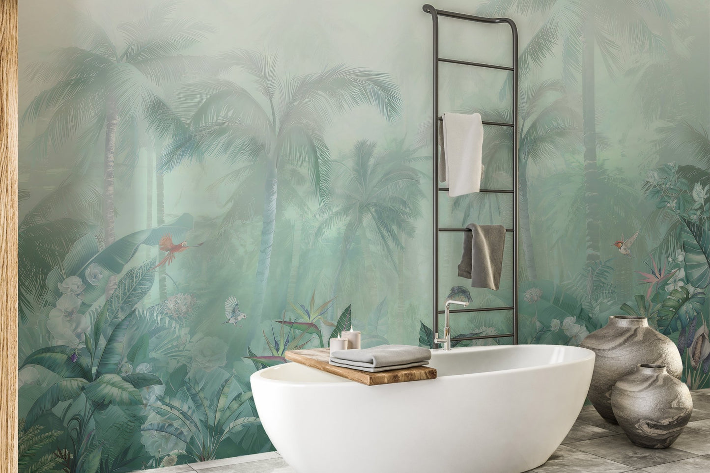 Watercolor forest wall mural in a bathroom with a ladder towel rack.