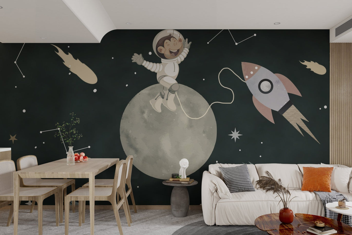 Minimalist rocket and astronaut monkey wall mural in flat dining area.
