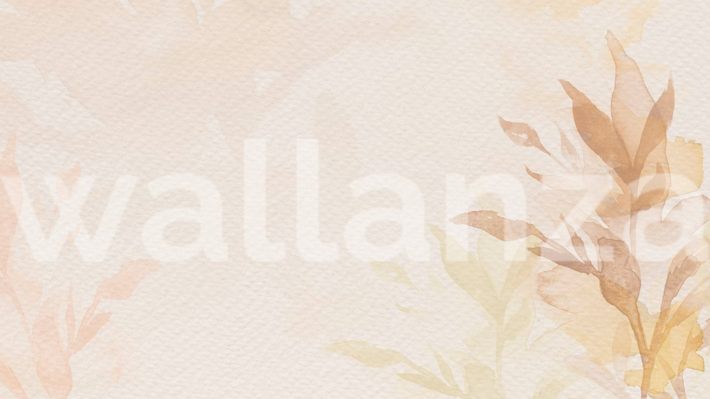 Macro illustration of peach and tan leaves on a textured wall mural background.