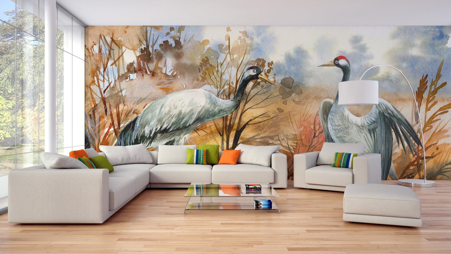 Open plan living space with large scale autumn landscape wall mura.