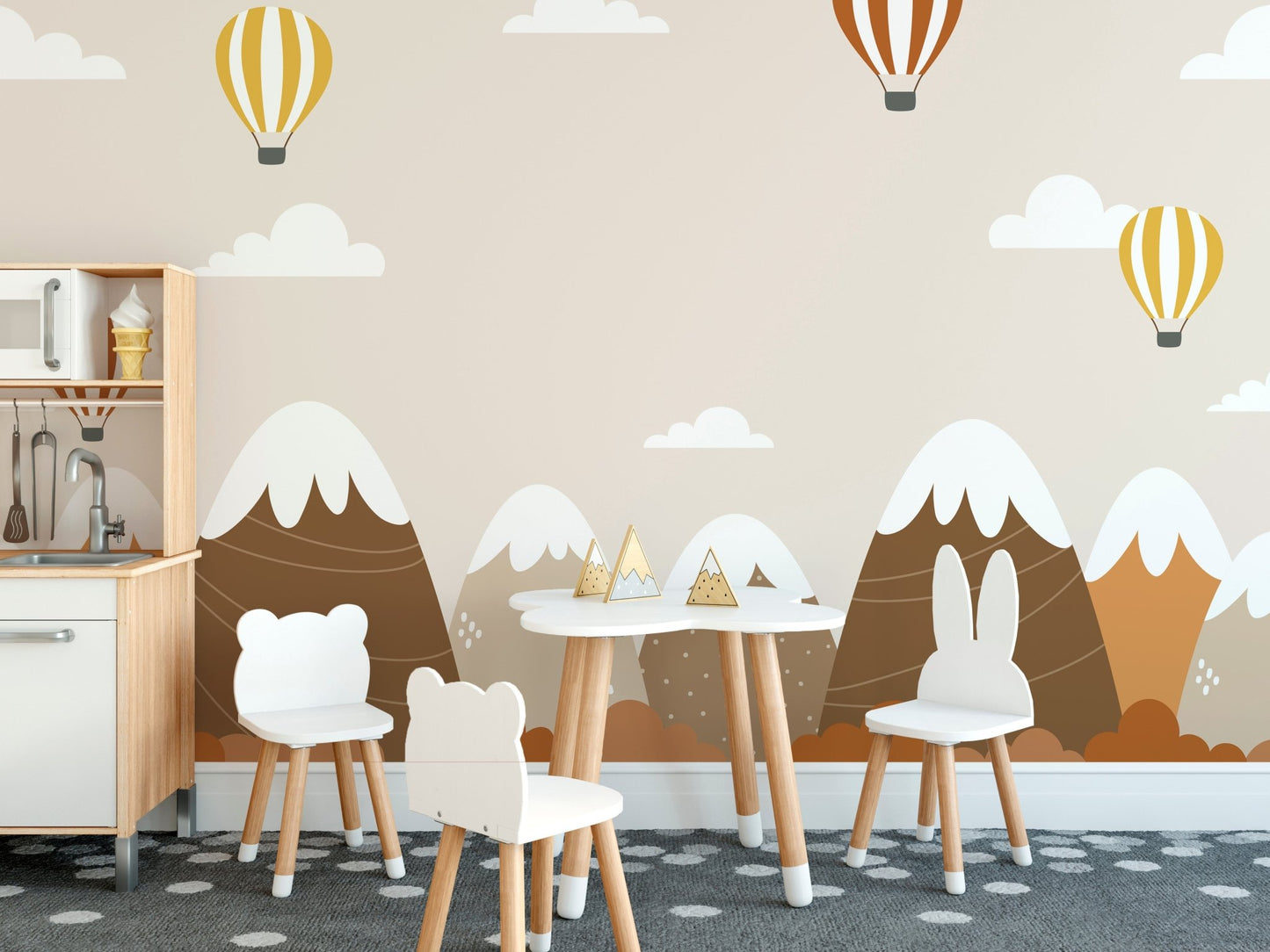 Kids dining room wall mural featuring flying balloons above brown mountains