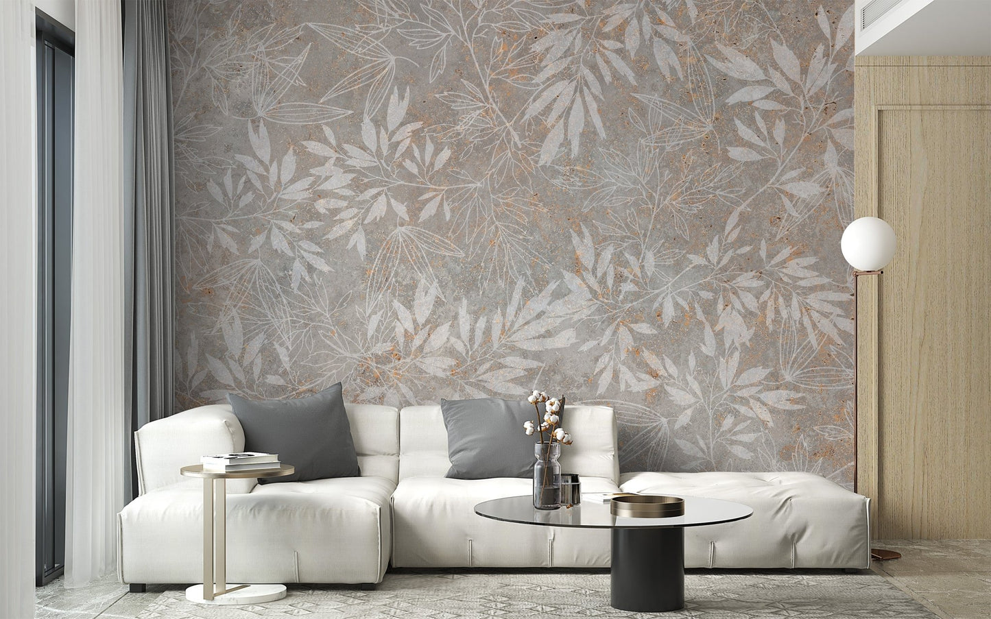 Textured foliage wallpaper in soft beige and rust accents.