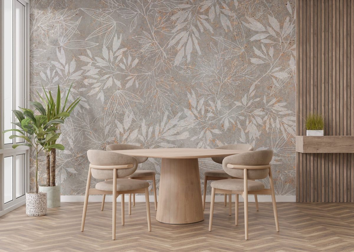 Decorative autumn branch wallpaper with faded stone effect.