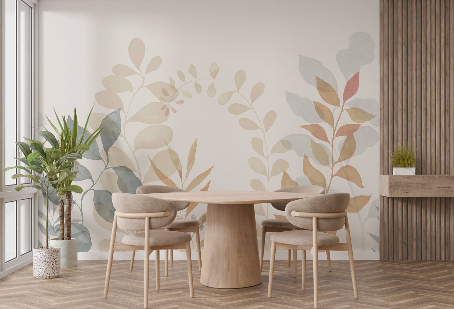 Minimal earth tone whisper wallpaper wall mural with watercolor foliage.