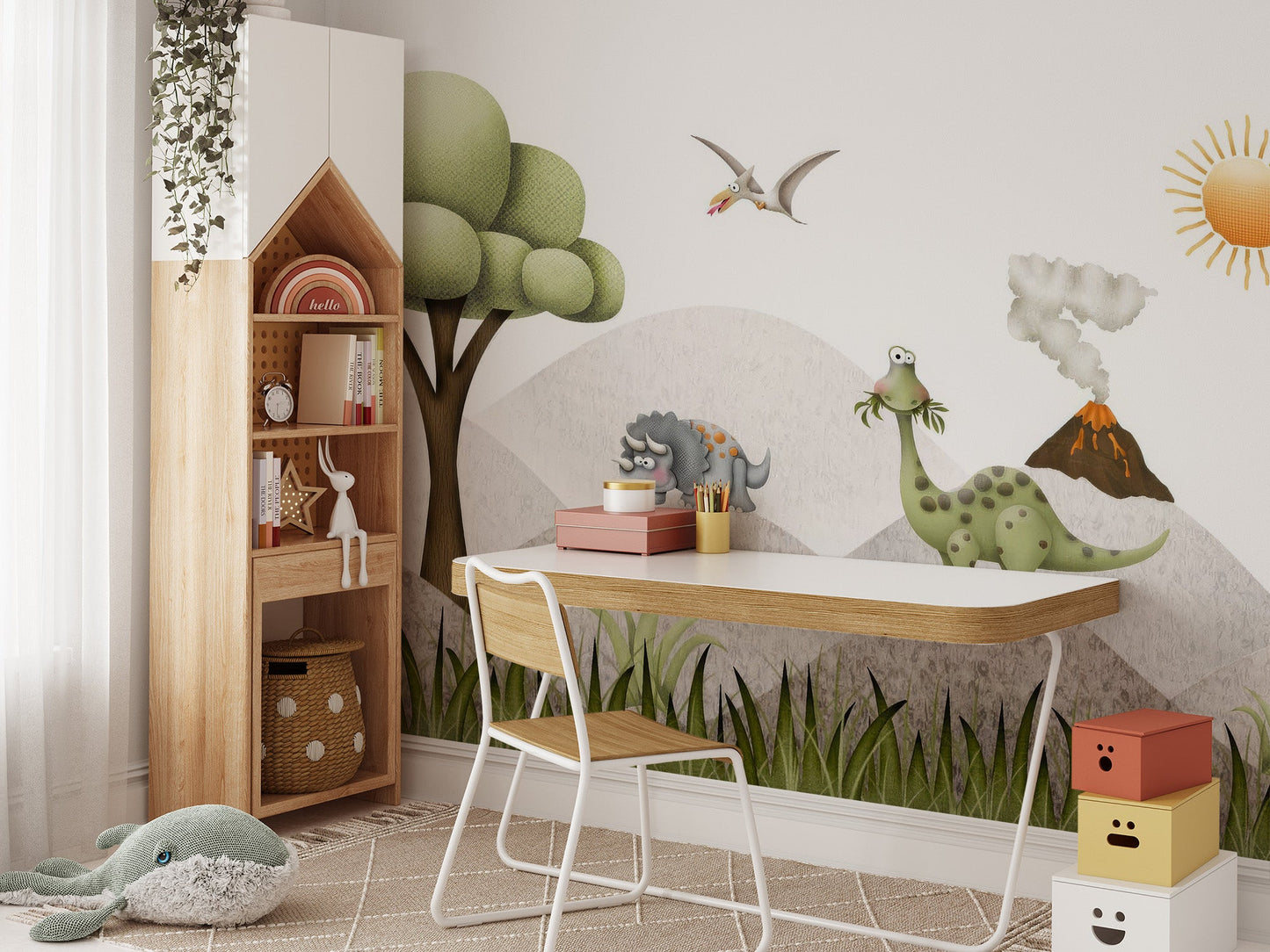 Detailed grass and mountain illustration on a baby dinosaur wallpaper.