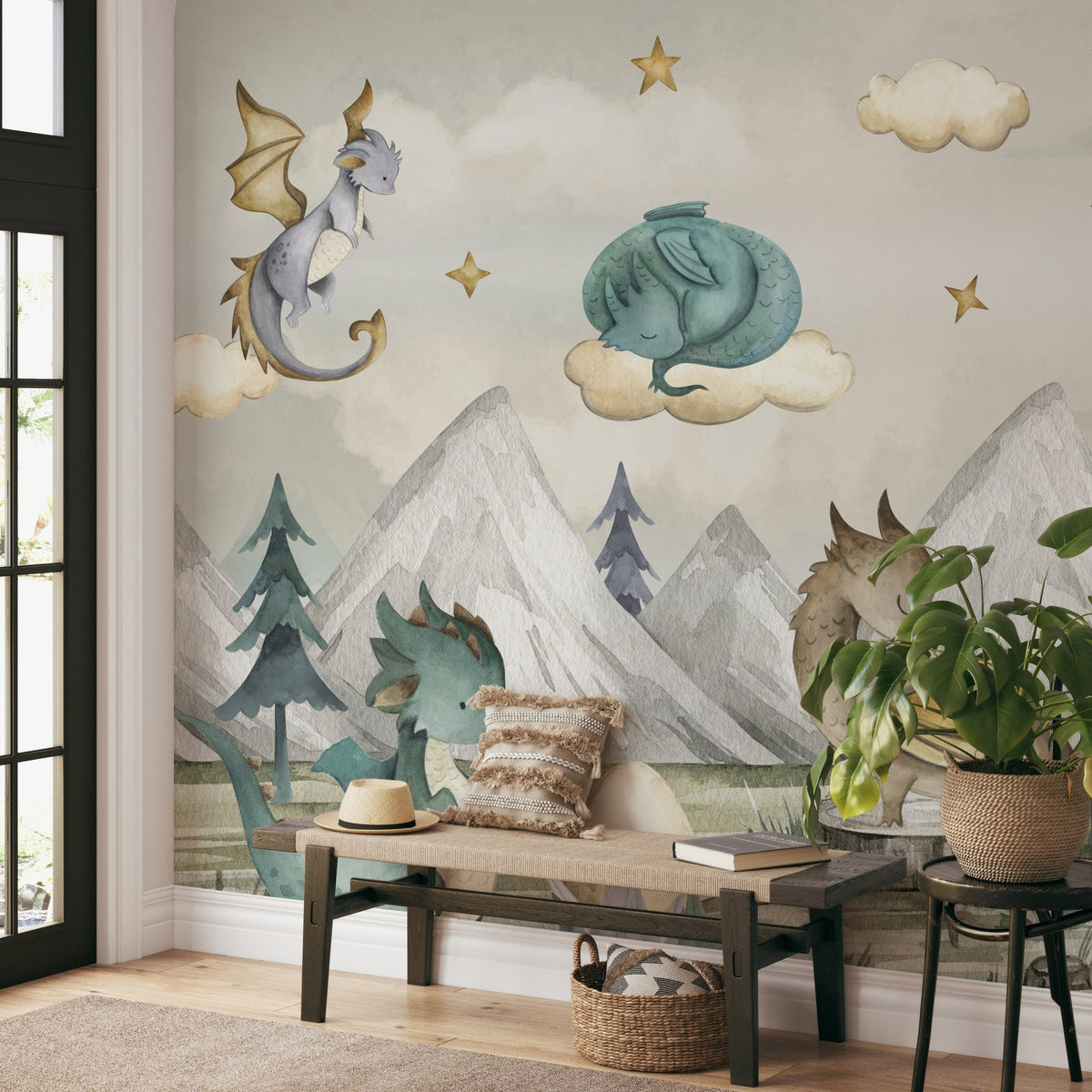 Flying dragons wall mural with wings spread, drifting through a sky.