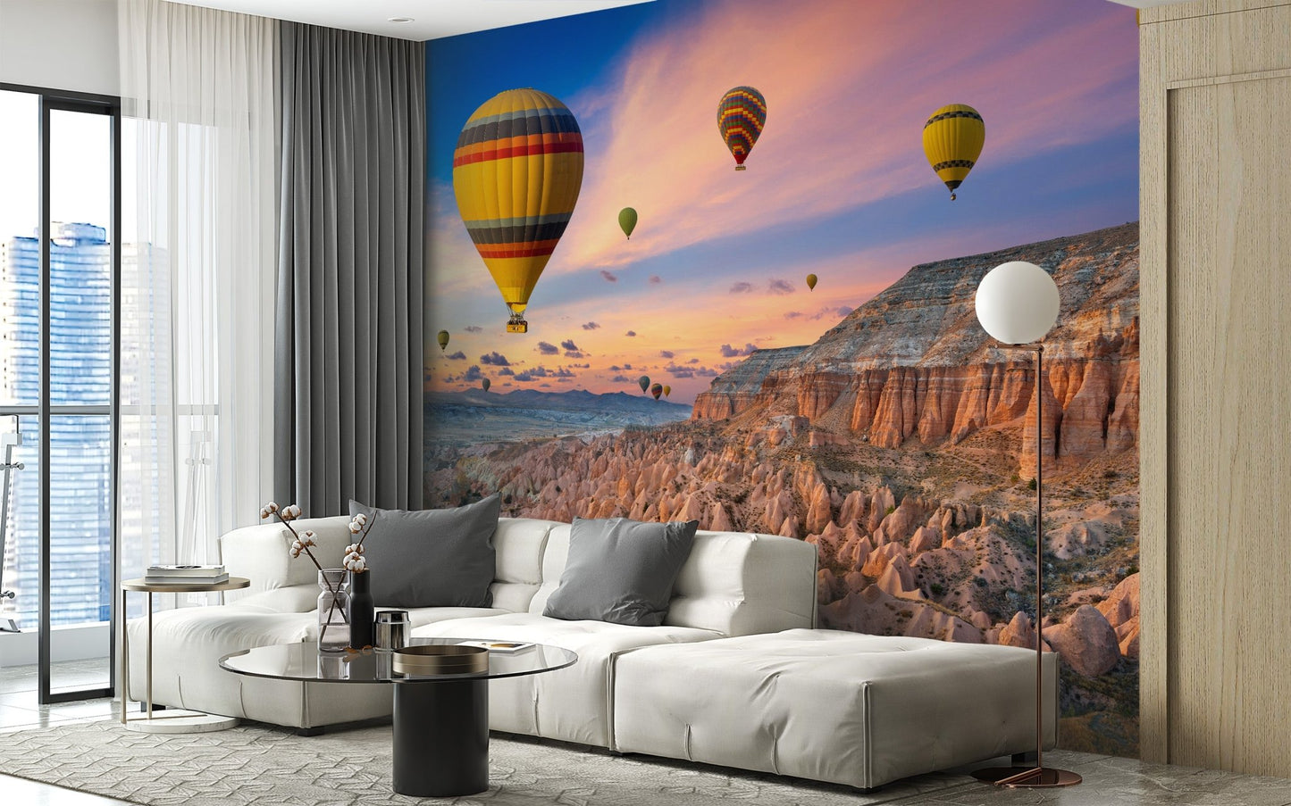 Sunset valley balloons wallpaper wall mural decor.