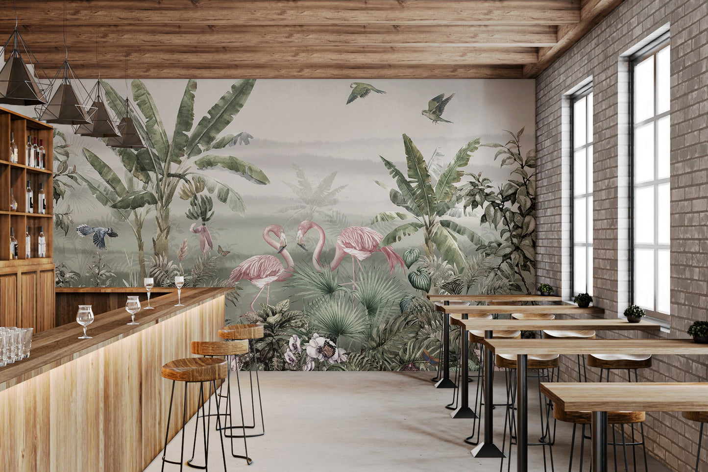 Vibrant mural with tropical birds and leaves in open bar interior.