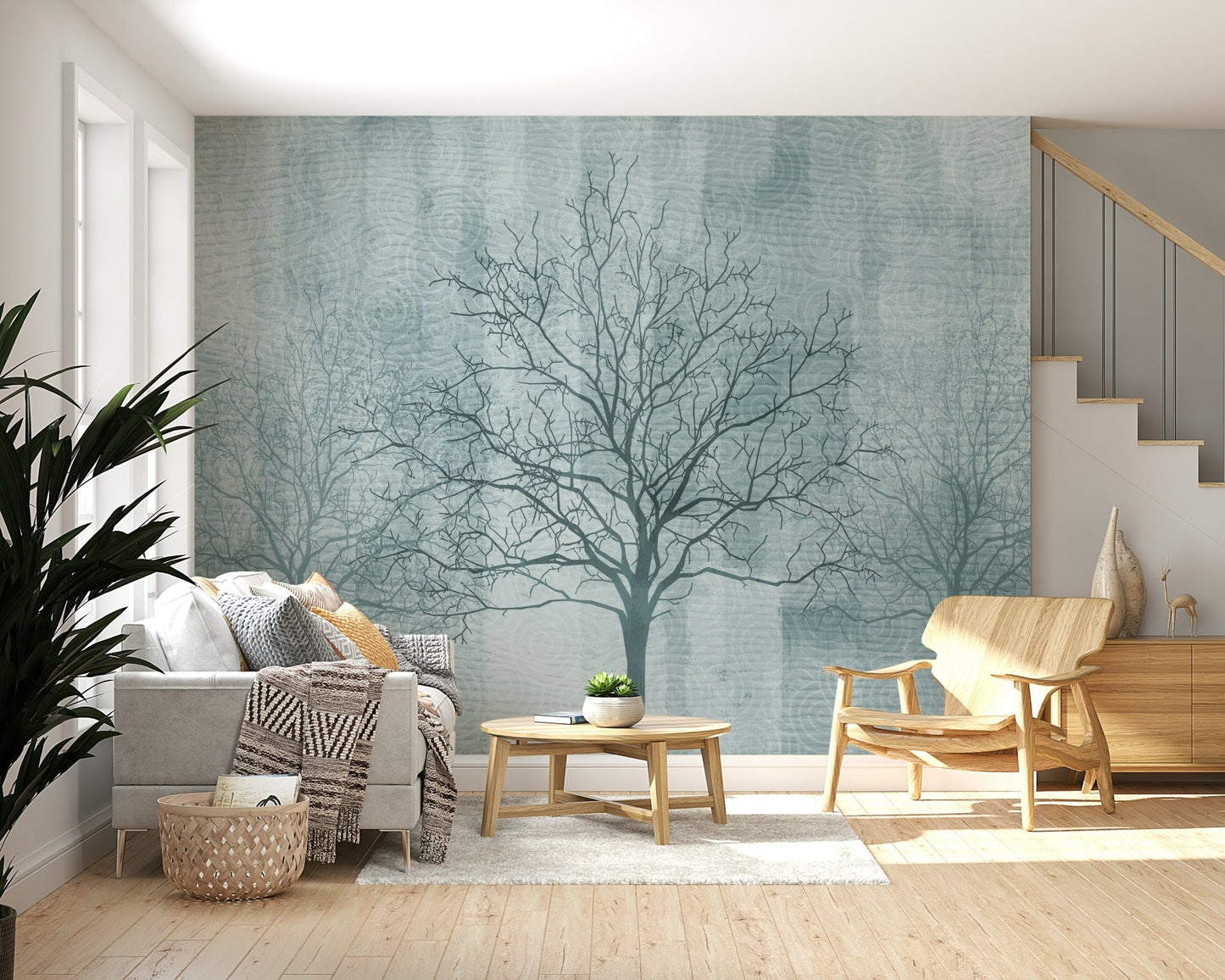 Artistic wallpaper with hand-drawn style timber outlines
